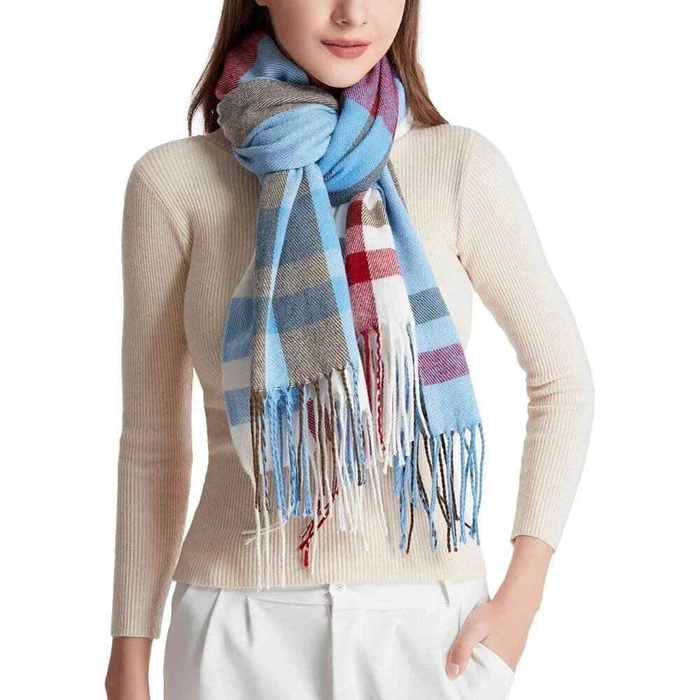 Women's Light Blue Fashion Long Shawl Big Grid Winter Warm Lattice Large Scarf